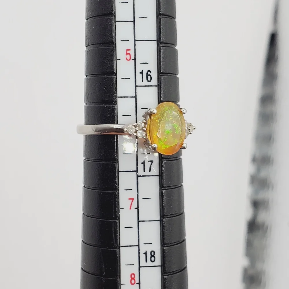 10k Solid White Gold Genuine Ethiopian Oval Opal & White Zircon Ring